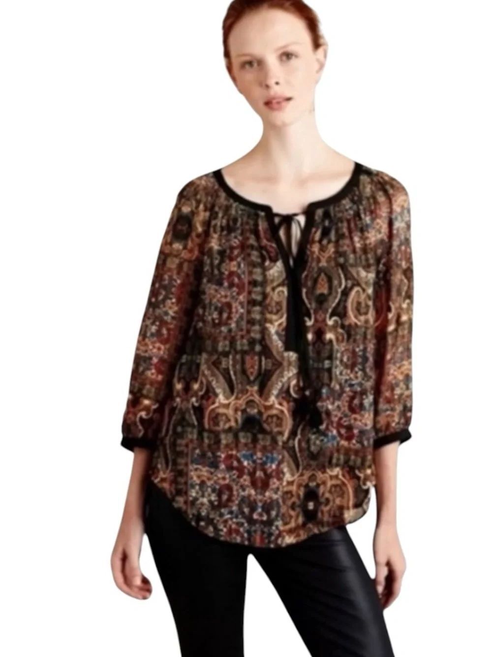 Meadow Rue Anthropologie Brown Metallic Gold Shimmer Marya Boho Paisley Blouse M